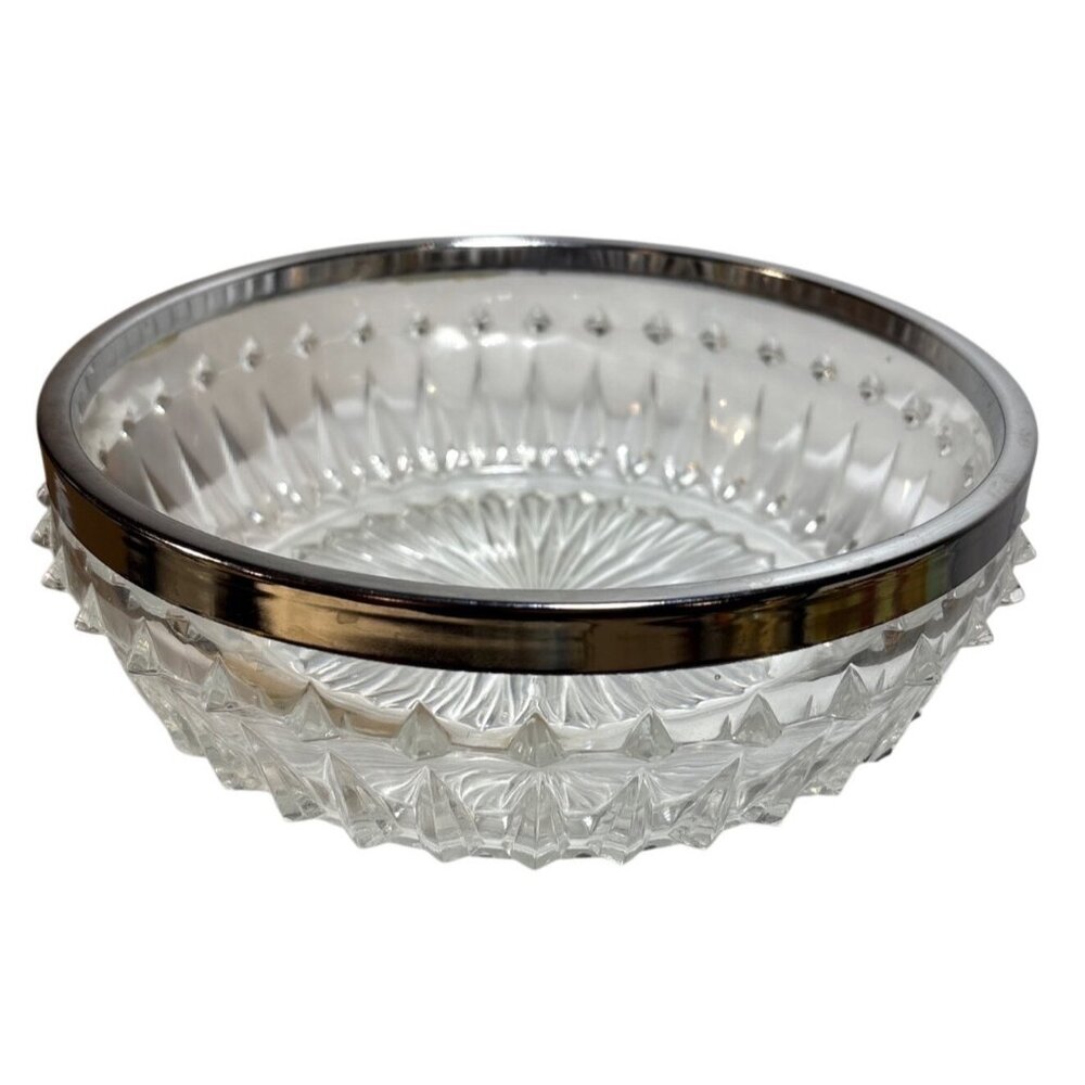 Cut Glass Serving Bowl Silver Tone Rim Starburst & Geometric Design 8.5" MCM